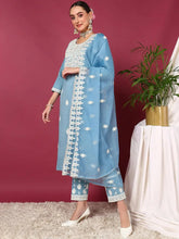 Women Blue Silk Blend Embroidered Straight Kurta Pant Set